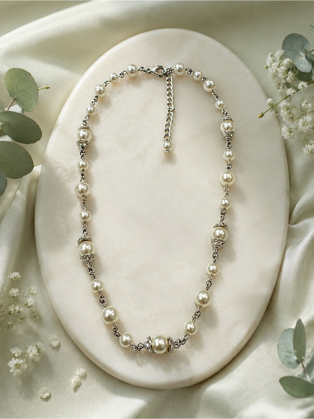 Elegant Faux Pearl Choker Necklace Silver Tone Rhinestone Accent Adjustable